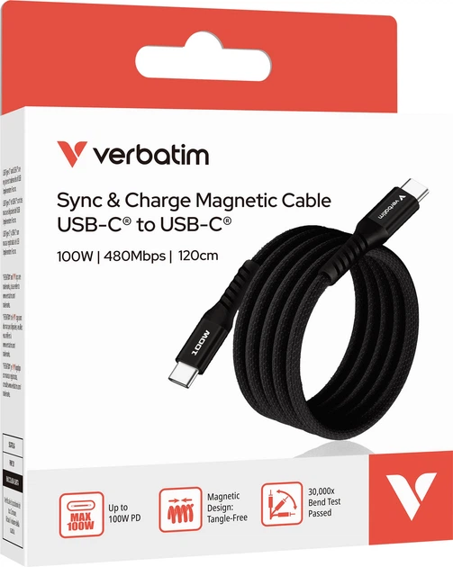 Kabel zasilający i synchronizujący Verbatim 100 W z magnesem, USB-C do USB-C, 120 cm, czarny (0023942318637)) - obraz 3
