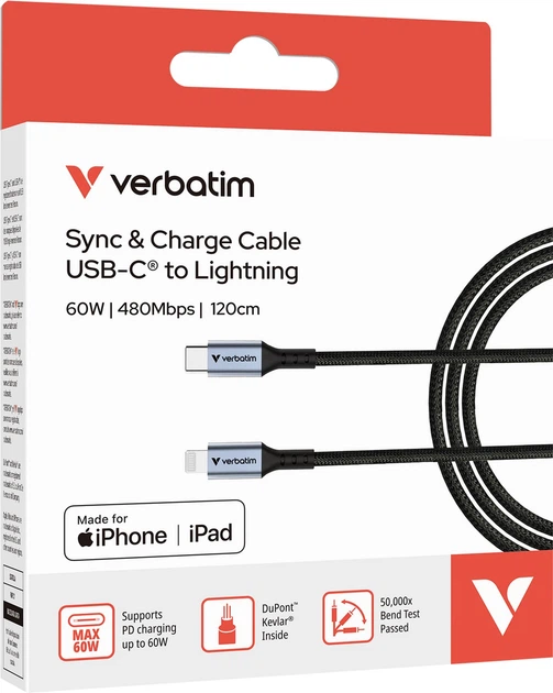 Kabel Verbatim USB-C– Lightning, 120 cm Black (31844) - obraz 4