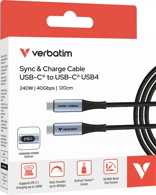 Кабель живлення і синхронізації Verbatim з дисплеєм 240 Вт, USB-C–USB-C, 120 см Чорний (0023942318491) - зображення 4