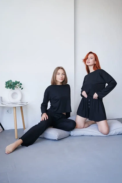 Женский домашний комплект тройка кофта, шорты и брюки Carmen S-M черный - Фото 11 Женский домашний комплект тройка кофта, шорты и брюки Carmen S-M черный - изображение 11