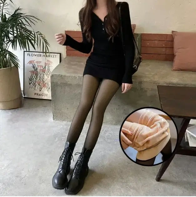Капроновые зимние колготки 100 den, One Size термо колготы на флисе-меху с начесом утепленные с эффектом голых ножек - Фото 3 Капроновые зимние колготки 100 den, One Size термо колготы на флисе-меху с начесом утепленные с эффектом голых ножек - изображение 3