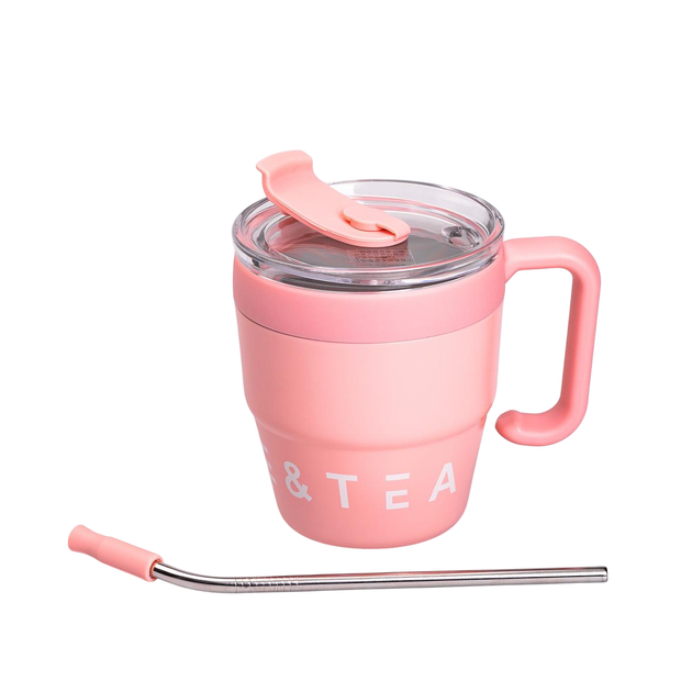 Термокружка Coffee & Tea 480 мл с трубочкой и двойным открыванием розовая - Фото 3 Термокружка Coffee & Tea 480 мл с трубочкой и двойным открыванием розовая - изображение 3