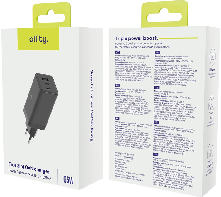 Зарядний пристрій Allity GaN PD QC ATC-01-65WACC 2x USB-C + 1x USB-A 65W Black (5906667550177) - зображення 4