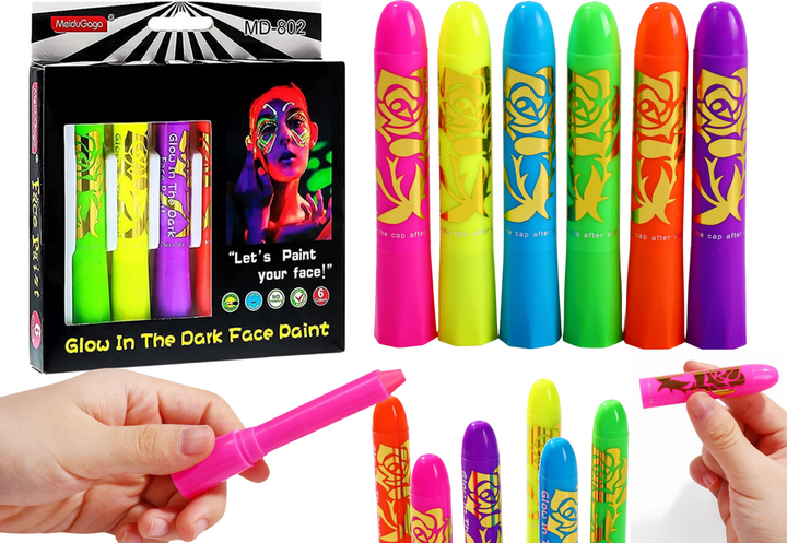 Zestaw do malowania twarzy LEAN Toys z pisakami kredkami neonowymi fluorescencyjnymi 6 szt 20927 (5905991034698) - obraz 2