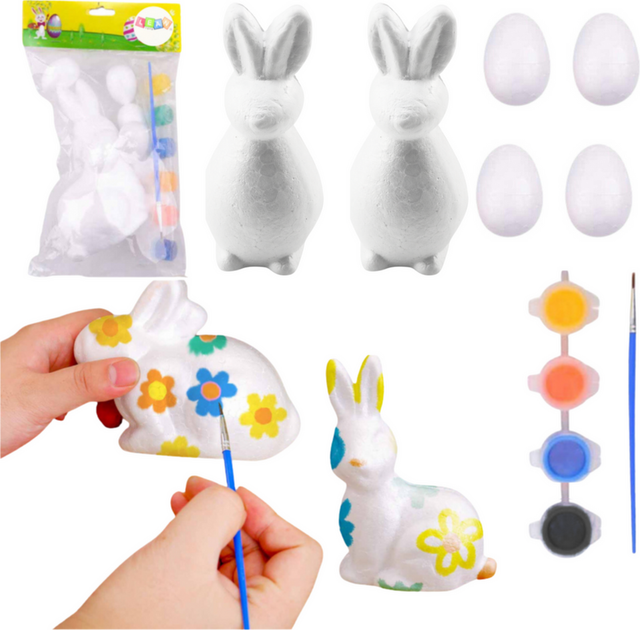 Набір пінопластових великодніх фігурок LEAN Toys для розфарбовування, 2 зайці + 4 яйця + фарби 21357 (5905991037903) - зображення 1