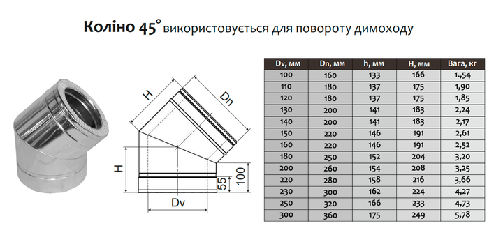 Коліно-сендвіч 45° ø150 мм 0,5 мм Нерж/Нерж Версія-Люкс (11147) - зображення 2