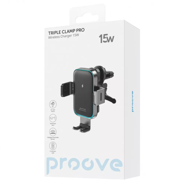 Тримач телефону в авто з бездротовою зарядкою Proove Triple Clamp Pro 15W - Фото 1 Тримач телефону в авто з бездротовою зарядкою Proove Triple Clamp Pro 15W - зображення 1