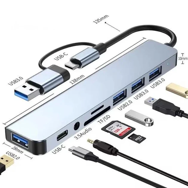 Мультифункциональный USB-хаб 8 в 1 универсальный адаптер концентратор с входом Type-C кардридер USB-C+SD+TF - изображение 2