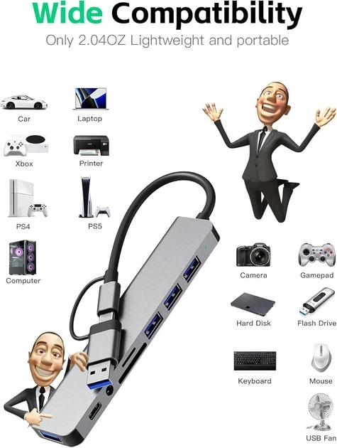 Мультифункциональный USB-хаб 8 в 1 универсальный адаптер концентратор с входом Type-C кардридер USB-C+SD+TF - изображение 4
