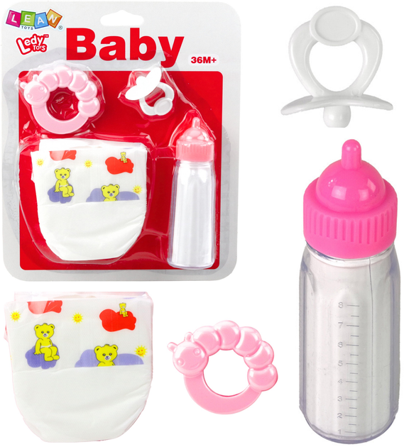 Zestaw akcesoriów dla lalek Lean Toys Smoczek + Butelka + Pielucha + Grzechotka (5905991055679) - obraz 2