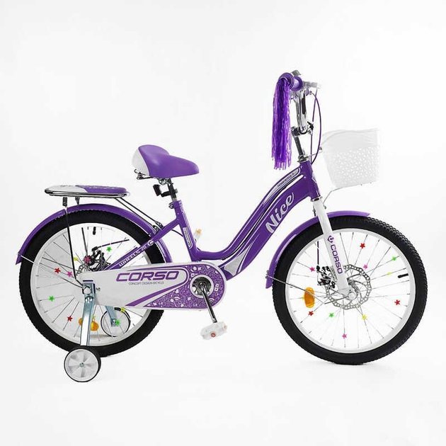 Велосипед двухколёсный подростковый 20" CORSO Nice стальная рама доп. колёса фиолетовый с белым NC-20105 