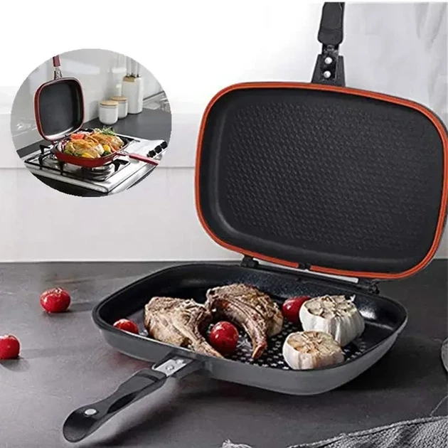 Сковорода-гриль двостороння 32 см Double Grill Pan, Сковорода з антипригарним покриттям для гриля та смаження. - зображення 5