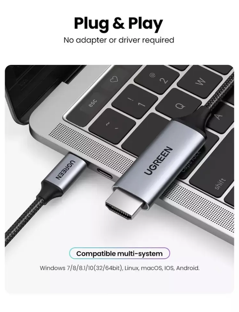 Кабель USB Type-C to HDMI 4K Ugreen MM142 2м Переходник Ultra HD (4K@60Hz; 1080P@144Hz) Aluminium Black (50571 - изображение 7