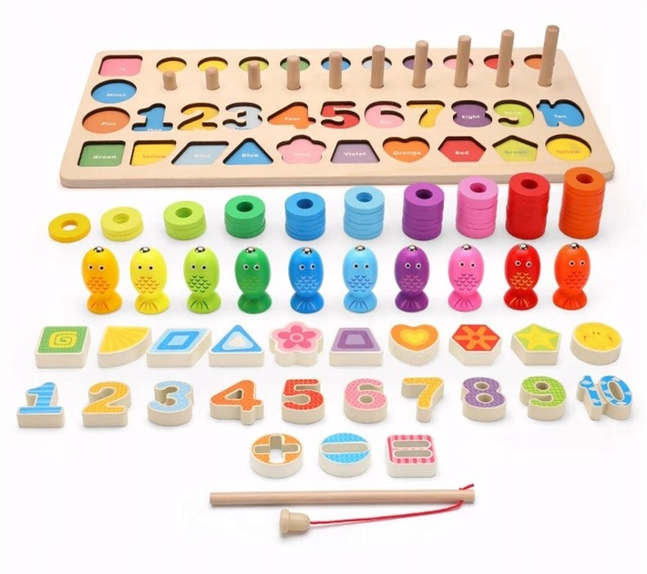 Magnetyczna układanka drewniana Baczek Montessori Cyfry Kształty Wędka (5905914005217) - obraz 1