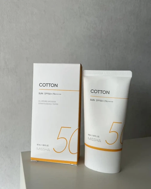 Крем MISSHA All Around Safe Block Cotton SPF50+ PA++++солнцезащитный с бархатным финишем, 50 мл - Фото 3 Крем MISSHA All Around Safe Block Cotton SPF50+ PA++++солнцезащитный с бархатным финишем, 50 мл - изображение 3