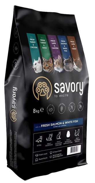 Sucha karma dla dorosłych kotów dla zdrowej skóry Savory z białą rybą i łososiem 8 kg (4820232630037) - obraz 1