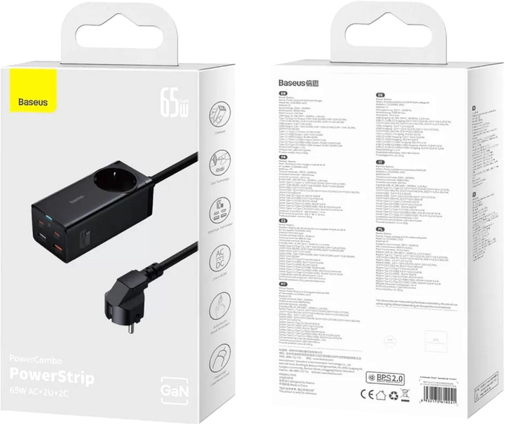 Ładowarka sieciowa Baseus GaN3 Pro Desktop Powerstrip AC+2U+2C 65W EU (With Cable Type-C to Type-C 100W 20V/5A 1m) Black (PSZM000901) - obraz 7