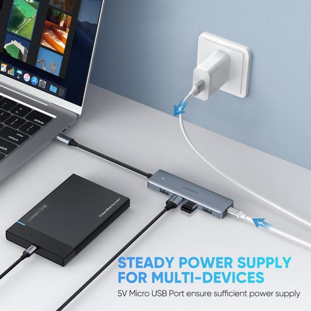Kabel Ugreen CM219 HUB Type-C - 3xUSB with MicroUSB Power Port Gray (UGR-70336) - obraz 3