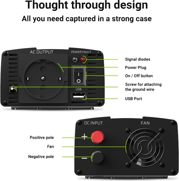 Автомобільний інвертор Greencell 12 V/230 V 500 W (INV03DE) - зображення 4