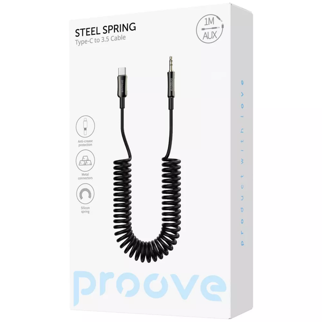 Кабель AUX Proove Steel Spring, роз'єм Type-C to 3.5 мм, довжина 1 м, Чорний (ACSS00005201) - зображення 2