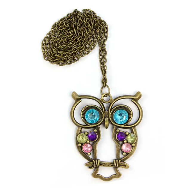 Подвеска кулон сова OWL со стразами длинная цепочка бронзовый цвет - Фото 2 Подвеска кулон сова OWL со стразами длинная цепочка бронзовый цвет - изображение 2