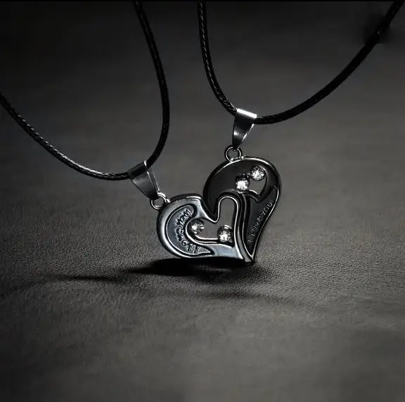 Парные подвески I Love you кулоны для влюбленных две половинки сердца серебристо-черные - изображение 3