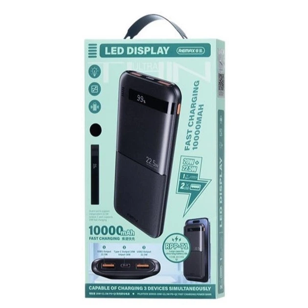 Павербанк REMAX RPP-71 10000 mAh 22.5W 2USB/1Type-C Портативний зовнішній аккумулятор PowerBank зі швидкою зарядкою Black - Фото 2 Павербанк REMAX RPP-71 10000 mAh 22.5W 2USB/1Type-C Портативний зовнішній аккумулятор PowerBank зі швидкою зарядкою Black - зображення 2