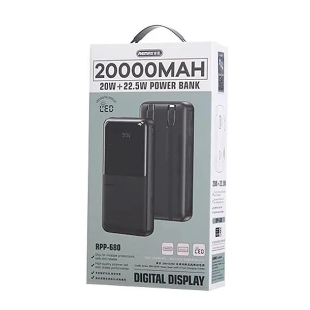 Павербанк Remax RPP-680 20000 mAh 22.5W USB/Type-C с быстрой зарядкой и встроенными кабелями Type-C/Lightning PD20W+QC22.5W Black - изображение 6