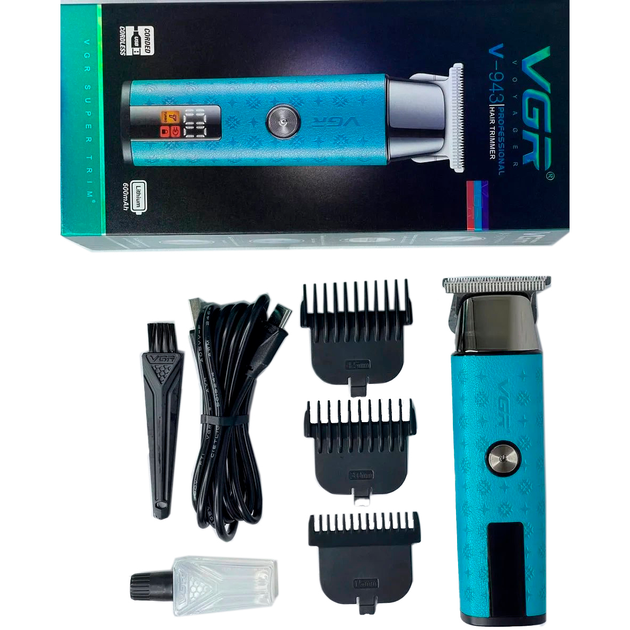 Триммер для стрижки аккумуляторный VGR V-943 BLUE, 3 насадки, LED дисплей - Фото 3 Триммер для стрижки аккумуляторный VGR V-943 BLUE, 3 насадки, LED дисплей - изображение 3