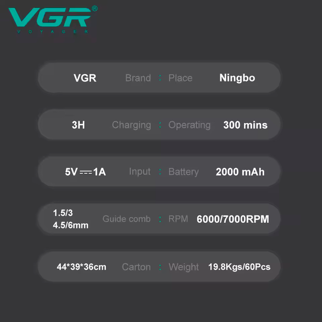 Триммер для стрижки аккумуляторный VGR V-995, 4 насадки, 7000 RPM, 2000 mAh - изображение 2