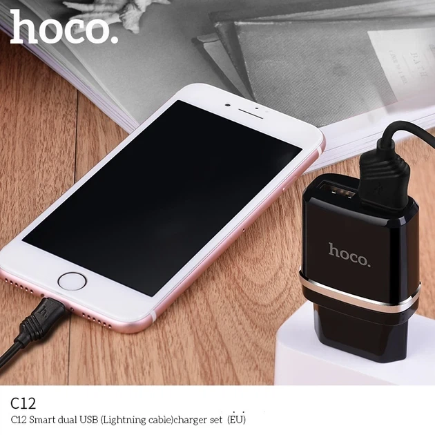Зарядное устройство для телефона Hoco C12 2 USB с дисплеем 2.4A кабель Iphone черный - изображение 6