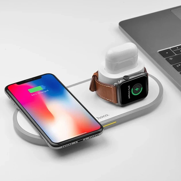 Бездротова зарядка для iPhone Watch AirPods Hoco CW21 Wisdom 3-in-1 біла - Фото 8 Бездротова зарядка для iPhone Watch AirPods Hoco CW21 Wisdom 3-in-1 біла - зображення 8