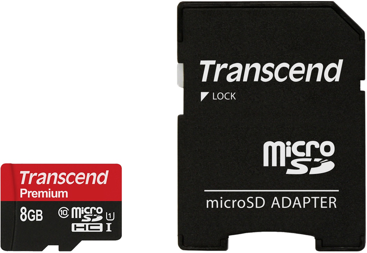 Karta pamięci Transcend MicroSDHC UHS-I 8 GB Class 10 + SD-adapter (TS8GUSDU1) - obraz 1