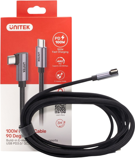 Kabel Unitek USB Type-C - USB Type-C 90­° Angled PD 100W 3 m Black (C14123BK-3M) - obraz 5