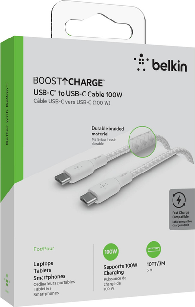 Kabel Belkin Braided USB Type-C – USB Type-C 100W 3 m White (CAB014BT3MWH) - obraz 7