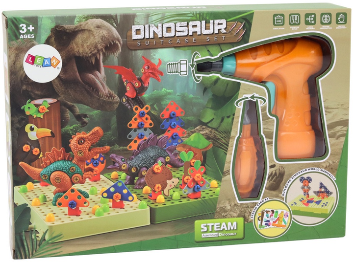 Klocki konstrukcyjne 3D LeanToys Dinozaury z wiertarką do rozkręcania 17929 (5905991007791) - obraz 1