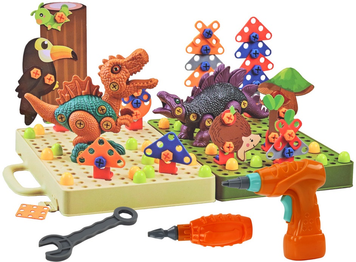 Klocki konstrukcyjne 3D LeanToys Dinozaury z wiertarką do rozkręcania 17929 (5905991007791) - obraz 3