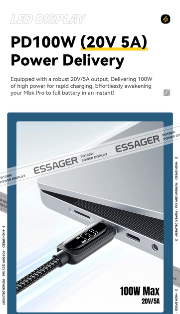 Кабель зарядки Type-C - Type-C Essager 100W 1м з дисплеєм (EXCTT1-XL01-P) - зображення 5