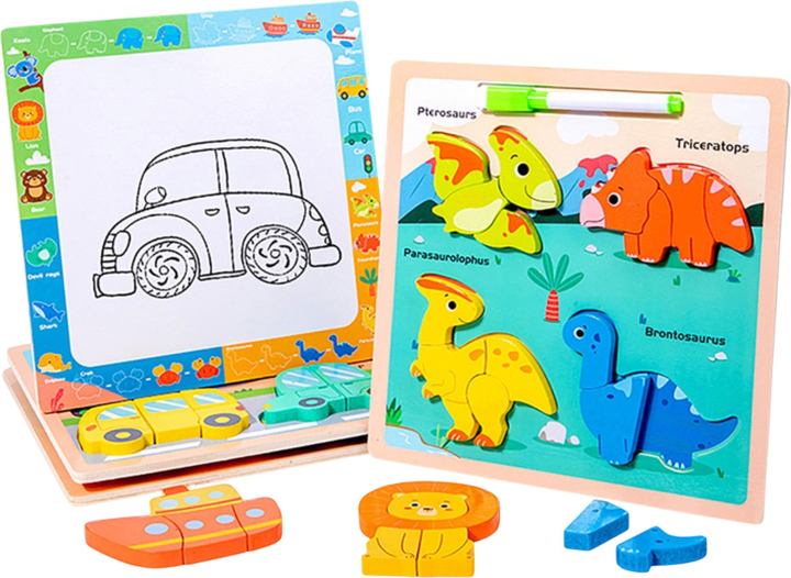 Дерев'яний пазл Lean Toys Динозаври 2-в-1 з поверхнею для малювання (5905991039679) - зображення 3