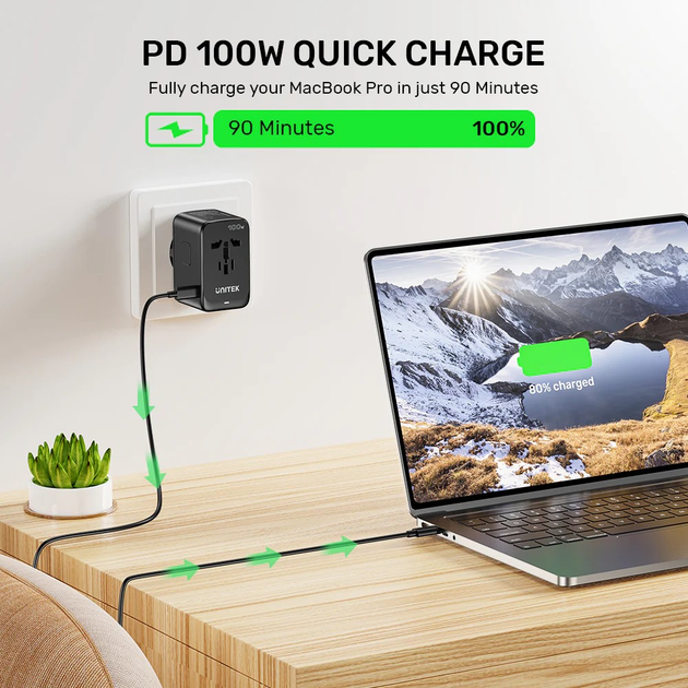 Дорожній зарядний пристрій Unitek GaN EU/US/UK/AUS PD 100W (P1123ABK01) - зображення 6
