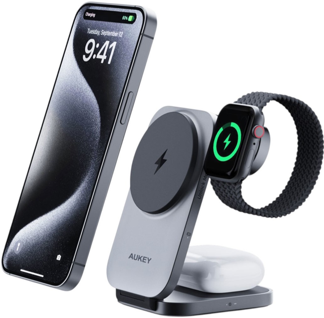 Індукційний зарядний пристрій Aukey LC-MC312 MagFusion Z Qi2 3в1 15W - зображення 2