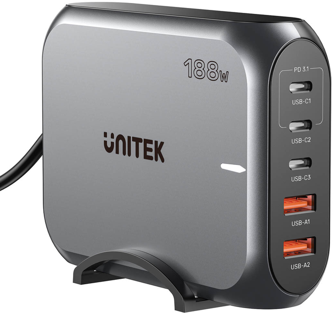 Настільний зарядний пристрій Unitek GaN 188W 2xUSB-A 3xUSB-C Space Grey (P1234AGY01-EU) - зображення 2