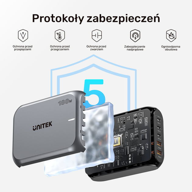 Настільний зарядний пристрій Unitek GaN 188W 2xUSB-A 3xUSB-C Space Grey (P1234AGY01-EU) - зображення 7