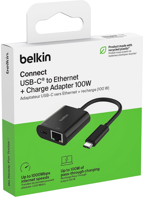 Adapter Belkin USB Type-C - Ethernet RJ-45 with PD 100W 0.13 m Black (INC019BTBK) - obraz 6