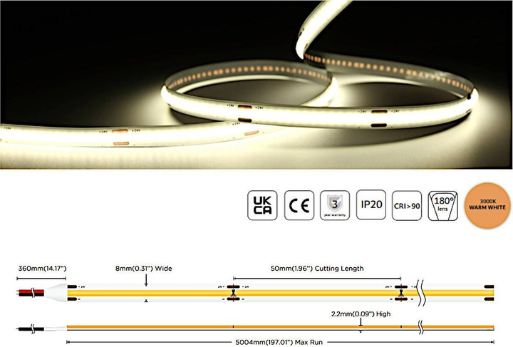Taśma LED MW Lighting typu COB 5W 320 chips/m CRI >90 4V 3000K IP20 5m ciepla biala (UQS-COB-5W-WW-24V-5m) - obraz 3