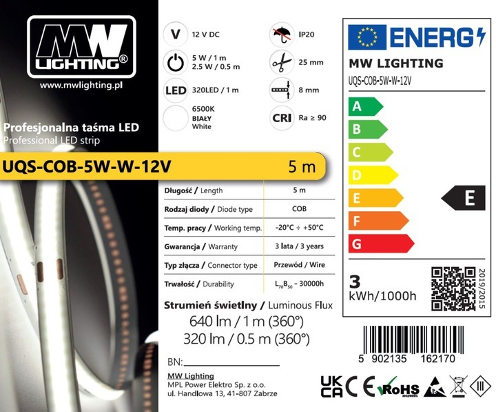 Світлодіодна стрічка MW Lighting Тип COB 5 Вт 320 кристалів/м² CRI >90 24 В 4000 K IP20 5 м нейтральний білий (UQS-COB-5W-NW-24V-5m) - зображення 3