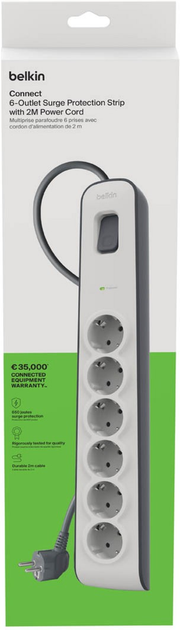 Listwa przeciwprzepięciowa Belkin Surge Protection 6 x Schuko (Type F) White (BSV603VF2M-V2) - obraz 3