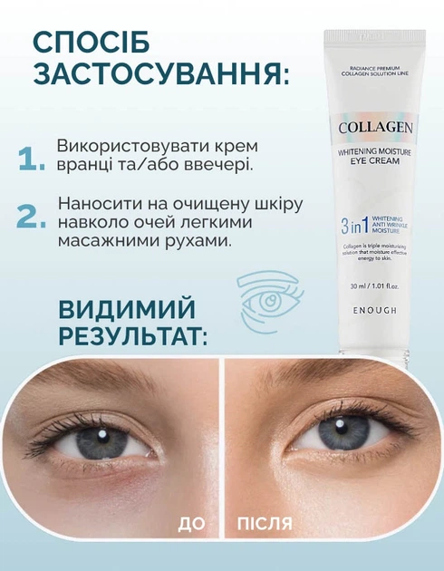 Осветляющий крем для век с коллагеном Enough Collagen 3 in 1 Whitening Moisture Eye Cream - изображение 4