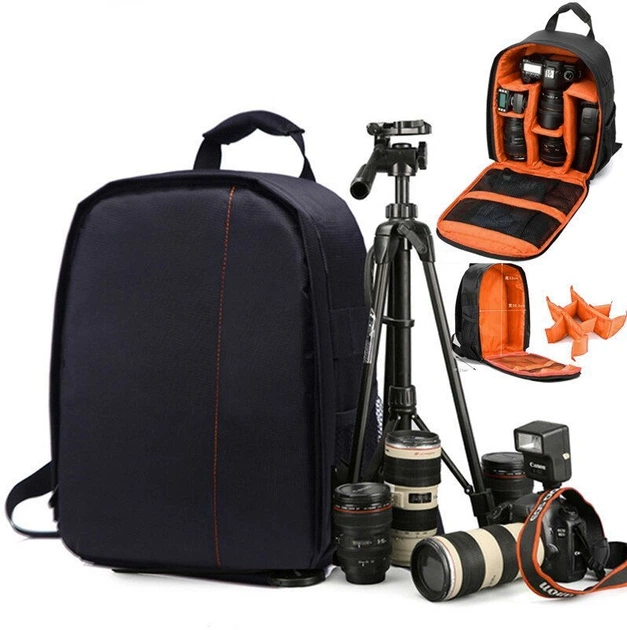 Стильный рюкзак для фототехники Photo Bag фоторюкзак с креплением для штатива чёрный c оранжевым + дождевик + кодовый замочек-карабин (mrk0013) - изображение 7