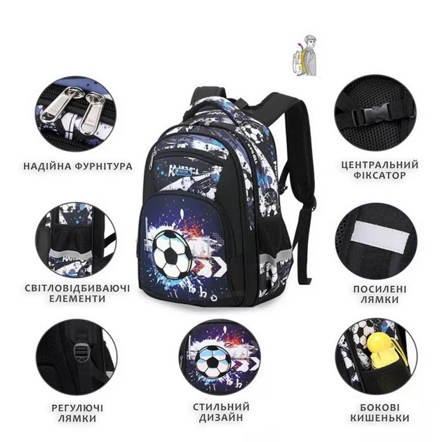 Школьный ортопедический детский рюкзак для мальчиков Football Ball футбол мяч для мальчика в школу 1 – 5 класс лет и первоклассника черный футбольная тематика и Мяч - изображение 3